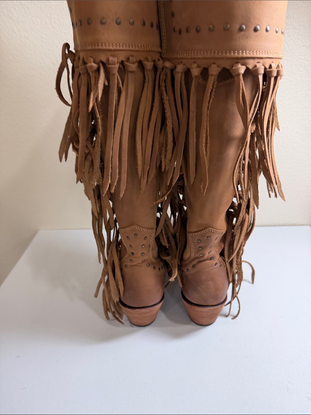 LIBERTY Black Tan Fringe Knee Leather Boots - Picture 8 of 14